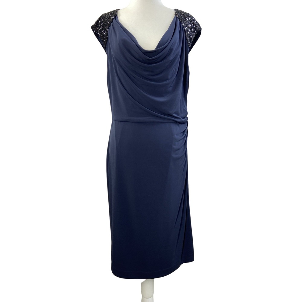 Calvin Klein Dress Womens 10 Blue Sequin Cowl Neck Ruched Sheath Knee Length